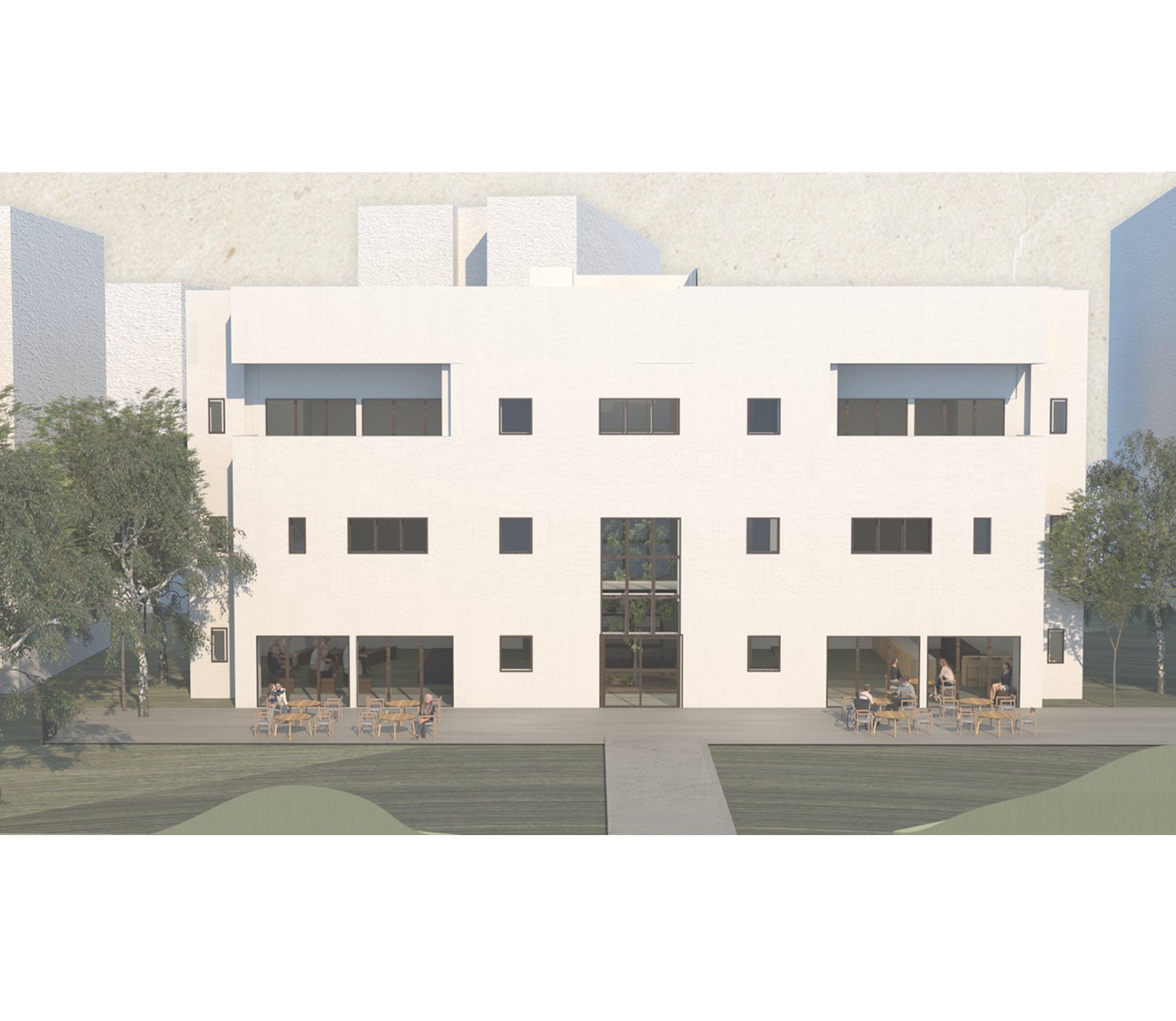 White rendered community building with people dining outside